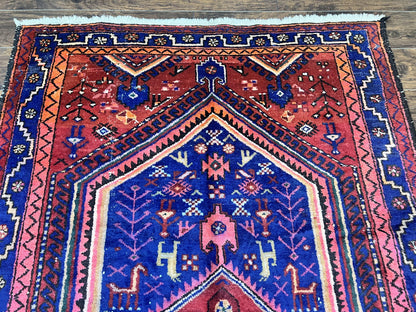 Persian Tribal Rug 5x7, Wool Handmade Vintage Hamadan Nahavand Carpet, Red & Navy Blue, Animal Motifs, Geometric Oriental Rug 5 x 7 - Nuvé