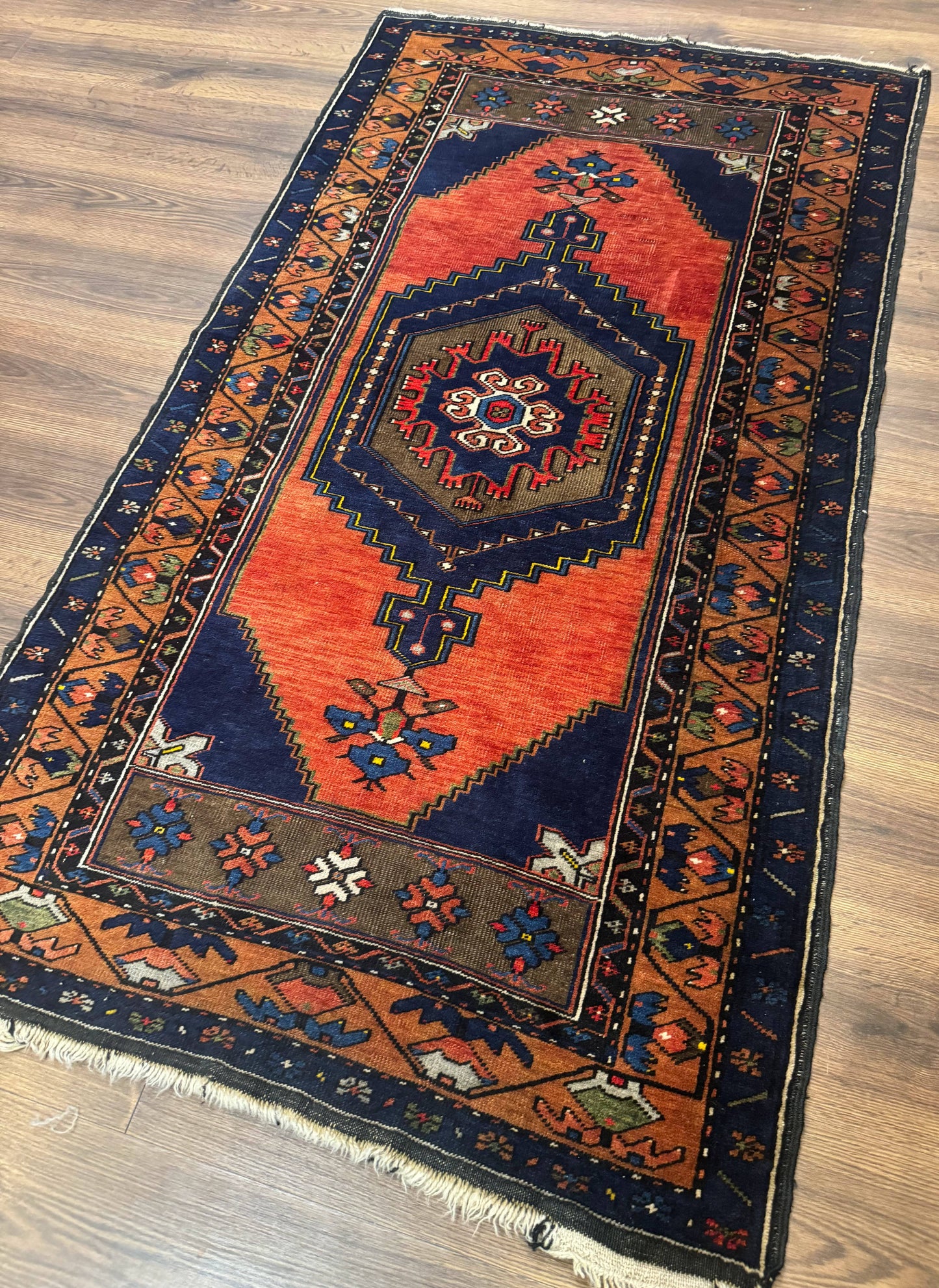 Persian Rug 3x6, Geometric Medallion, Village Tribal Rug, Terracotta and Navy Blue, Antique Nahavand Hamadan Rug - Nuvé