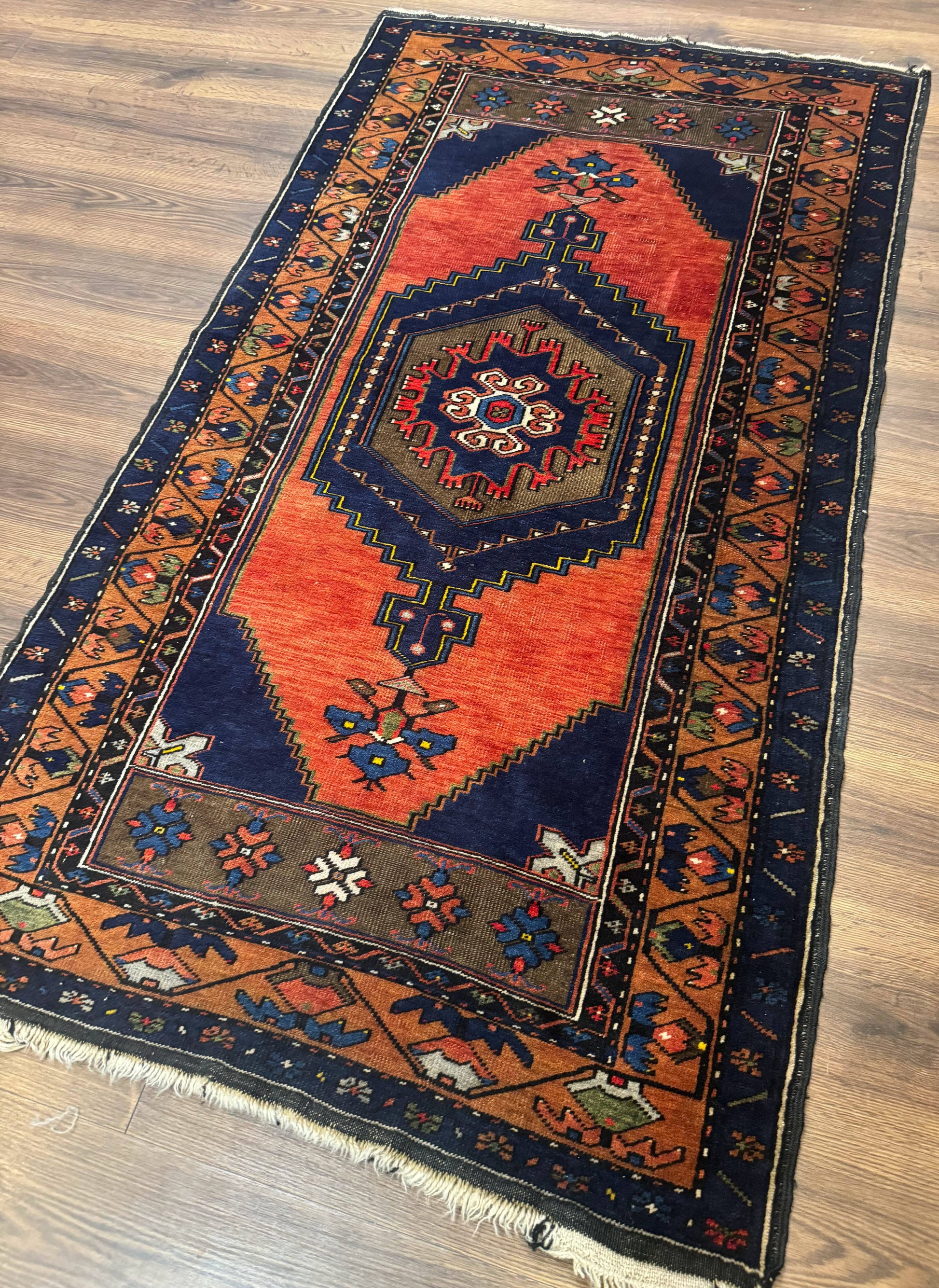 Persian Rug 3x6, Geometric Medallion, Village Tribal Rug, Terracotta and Navy Blue, Antique Nahavand Hamadan Rug - Nuvé