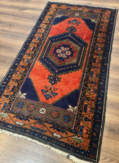 Persian Rug 3x6, Geometric Medallion, Village Tribal Rug, Terracotta and Navy Blue, Antique Nahavand Hamadan Rug - Nuvé