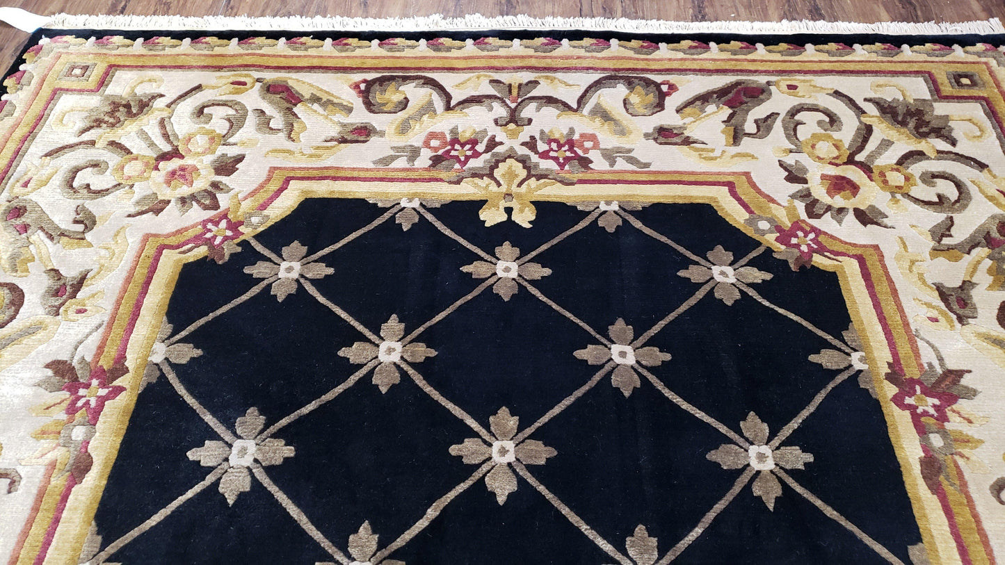 Nepal Rug 6x9, New Aubusson Nepalese Tibetan Carpet 6'1" x 8' 8", Hand-Knotted Wool, Unused, Black & Cream, Savonnerie Pattern, Soft Pile - Nuvé
