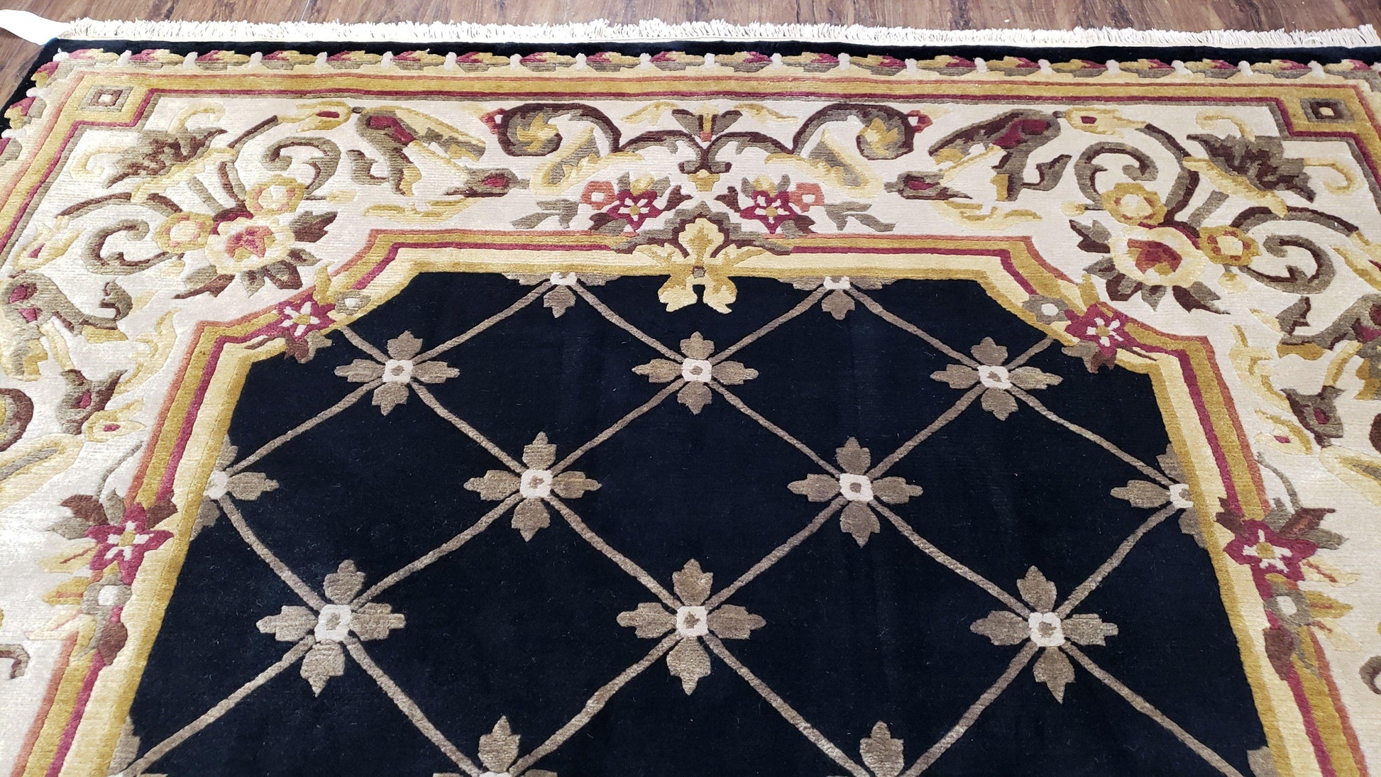 Nepal Rug 6x9, New Aubusson Nepalese Tibetan Carpet 6'1" x 8' 8", Hand-Knotted Wool, Unused, Black & Cream, Savonnerie Pattern, Soft Pile - Nuvé