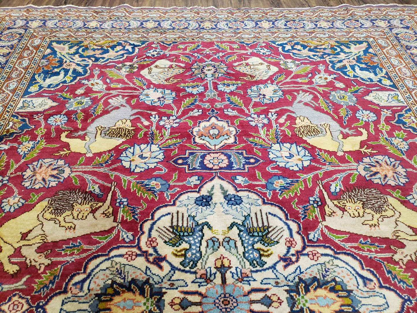 Antique Turkish Sivas Area Rug 8x11, Hand-Knotted, Vintage Red Wool Carpet, Gazelles Lions, Boteh Border, 8' x 11' Top Quality Oriental Rug - Nuvé