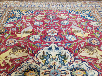 Antique Turkish Sivas Area Rug 8x11, Hand-Knotted, Vintage Red Wool Carpet, Gazelles Lions, Boteh Border, 8' x 11' Top Quality Oriental Rug - Nuvé