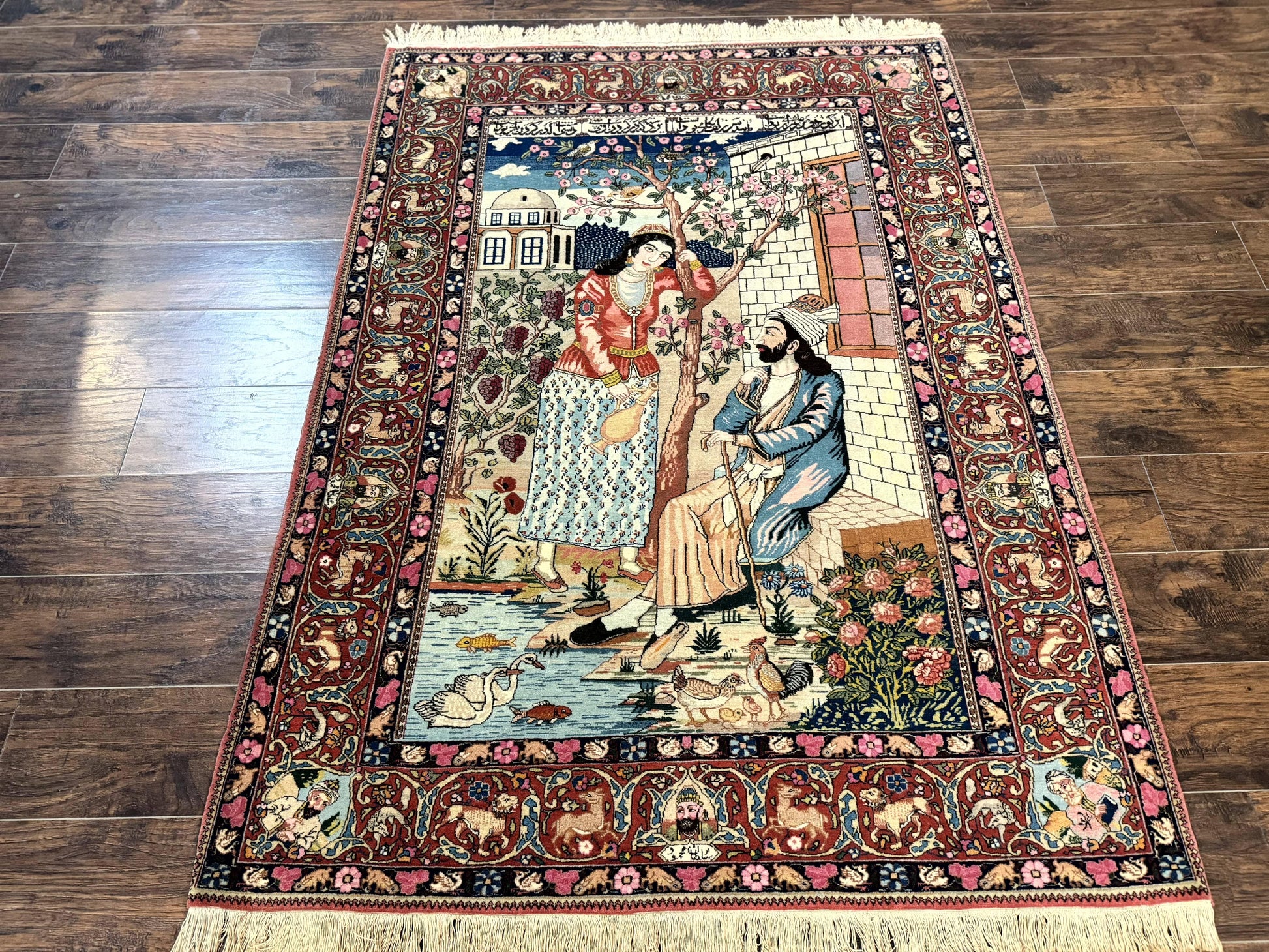 Wonderful Persian Kashan Pictorial Rug 4.7 x 6.5, Persian Rug for Wall Hanging, Handmade Antique Wool Carpet Animal Motifs Poetry Lovers, 240 KPSI - Nuvé