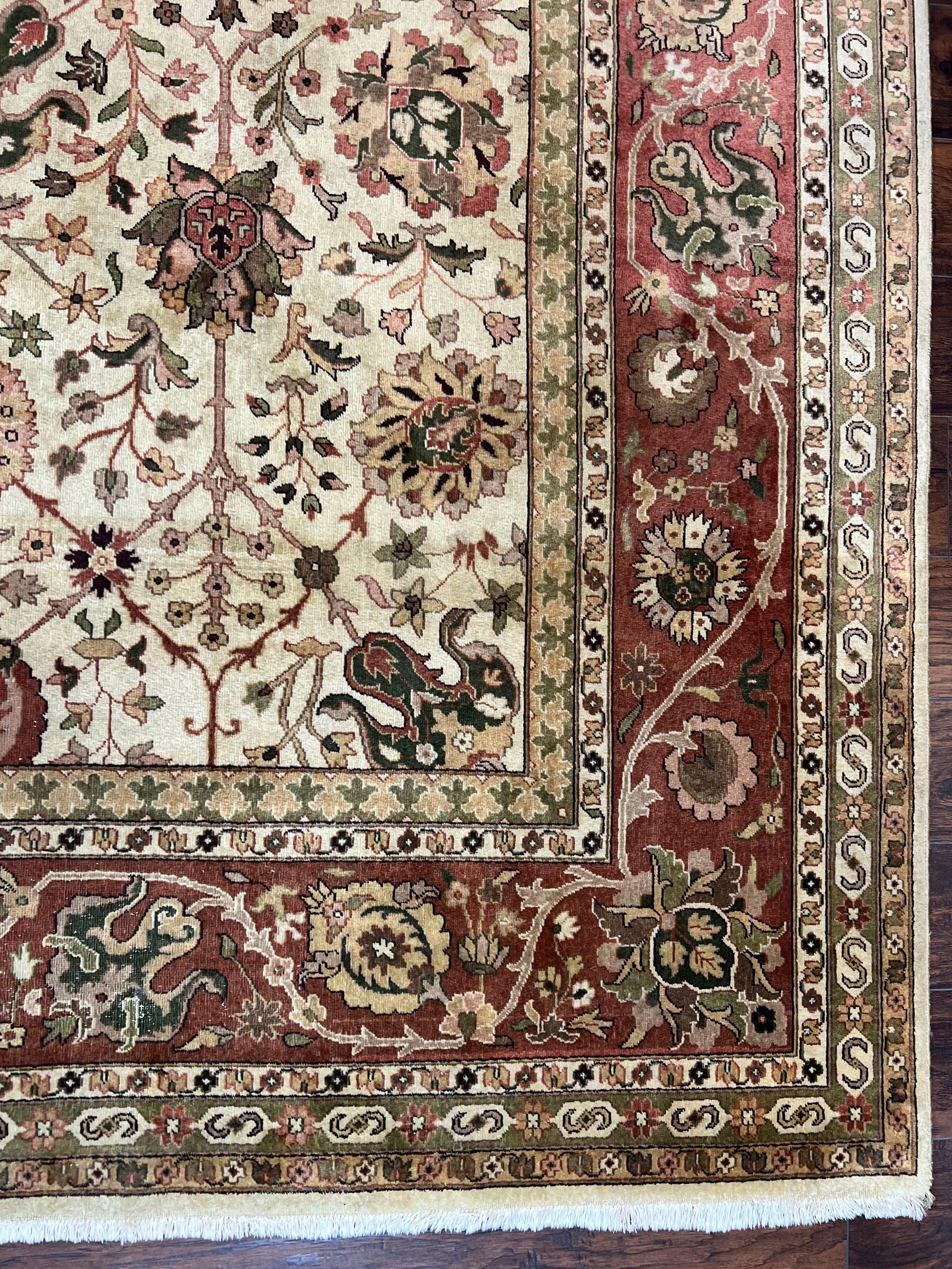 Large Indian Rug 10x14, Hand Knotted Indo Persian Gandehar Oriental Carpet, Vintage Wool Rug 10 x 14 ft Cream Red Floral Allover Traditional - Nuvé