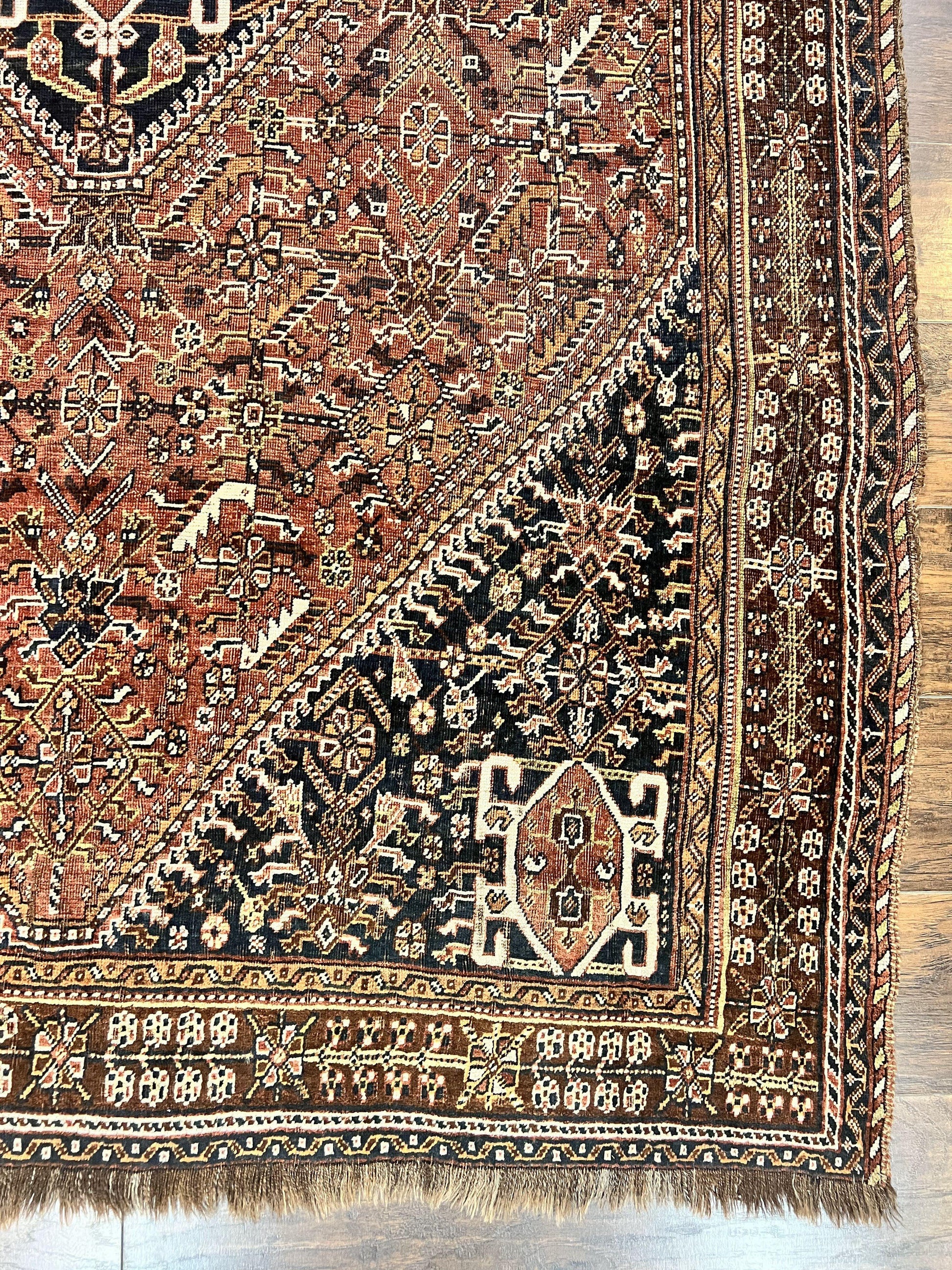 Antique Persian Shiraz Tribal Rug 6x8, Geometric Rug, Wool Handmade Hand Knotted Carpet, Red Blue - Nuvé