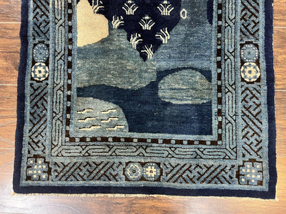 Antique Chinese Peking Rug 3x5, Dark Blue Chinese Wool Rug 3 x 5, Animal Pictorials Deer Birds, Handmade Asian Oriental Chinese Carpet - Nuvé