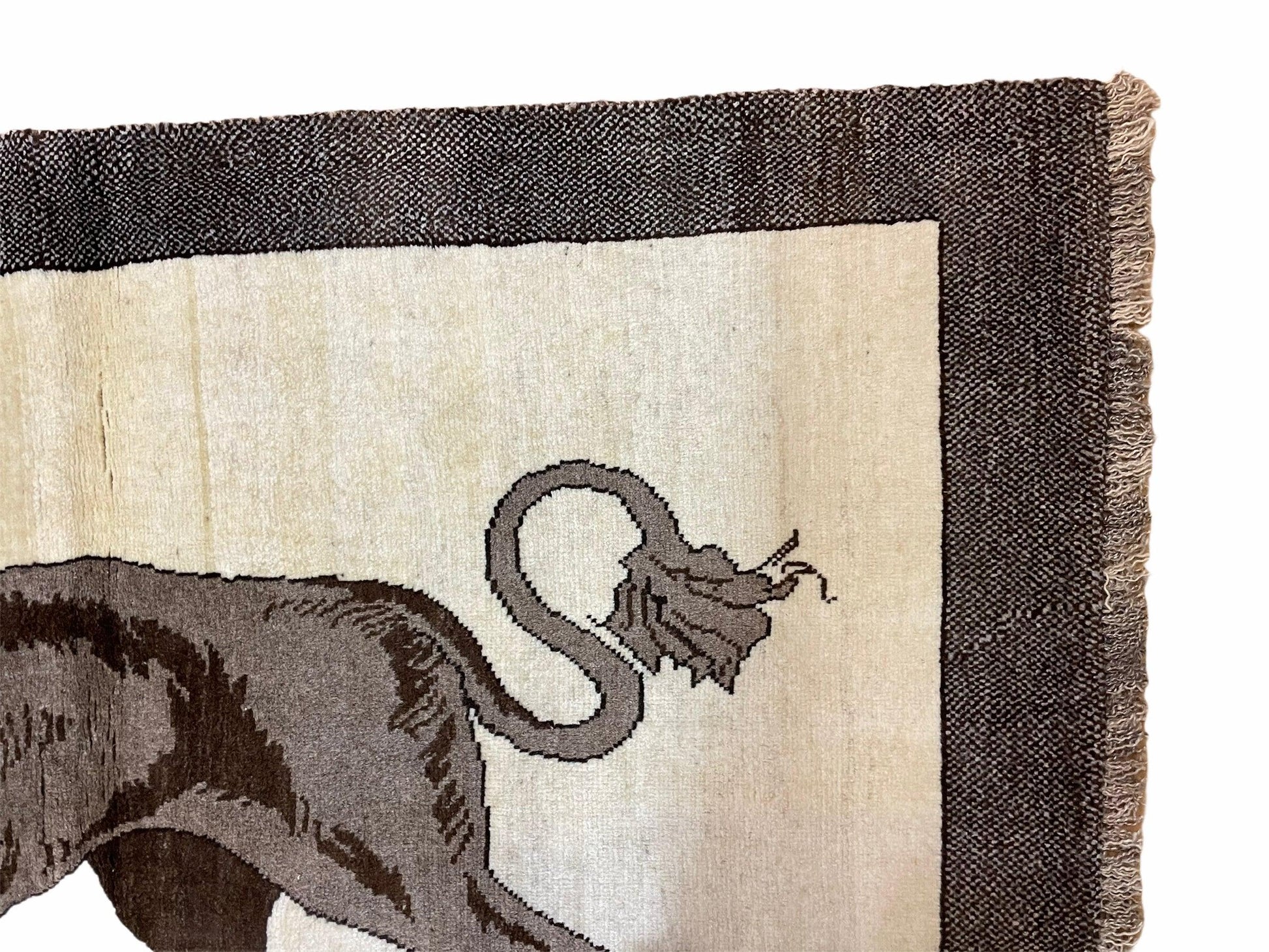 3 x 5 Handmade Rug Brown Beige Hand-Knotted Lion Rug New Vintage Quality Animal - Nuvé