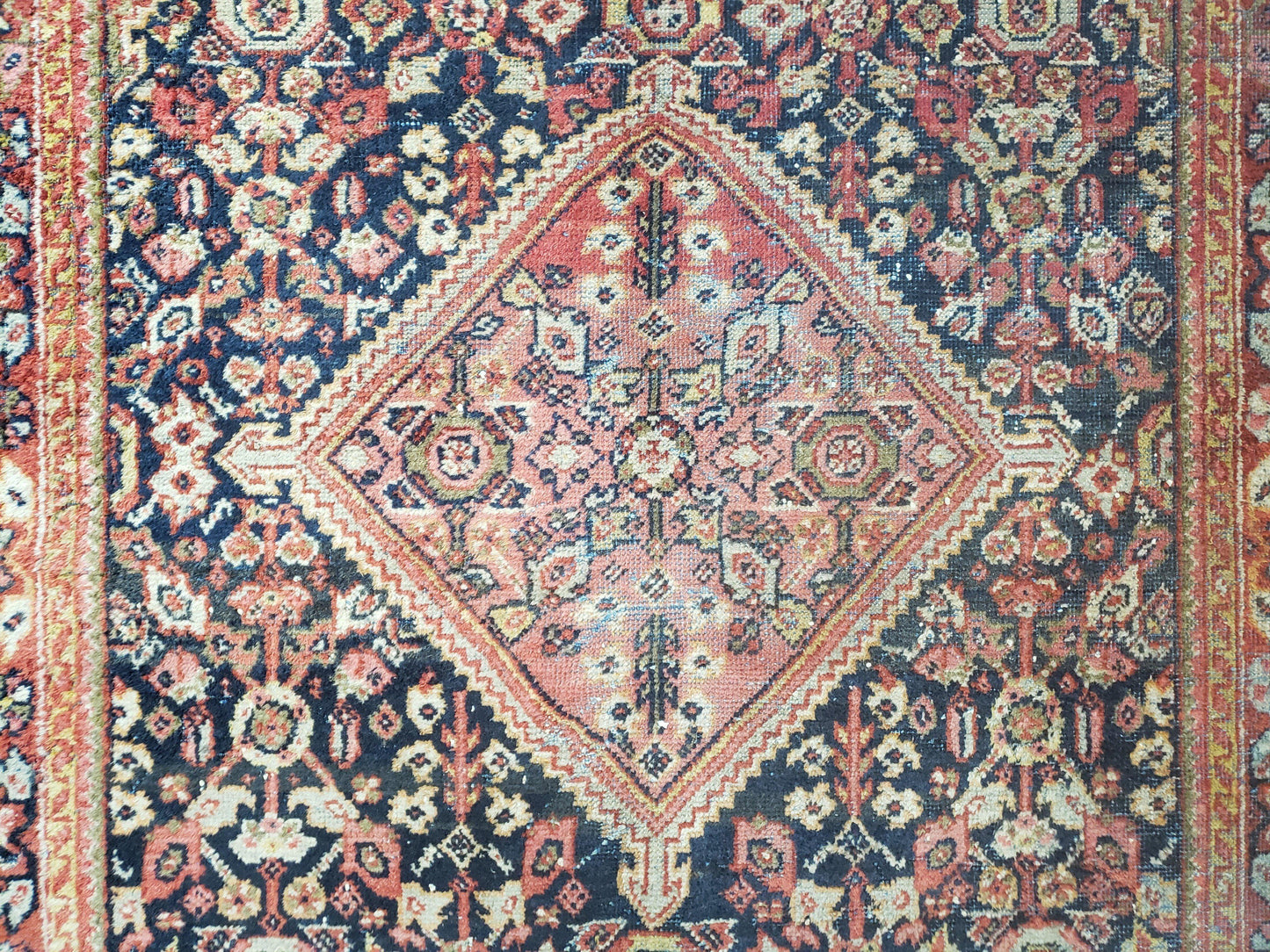 Antique Persian Mahal Area Rug 4.4 x 6.6, Wool Hand-Knotted Shabby Chic Oriental Rug, Red Black 1930s Foyer Room Carpet, Low Pile Boho Rug - Nuvé
