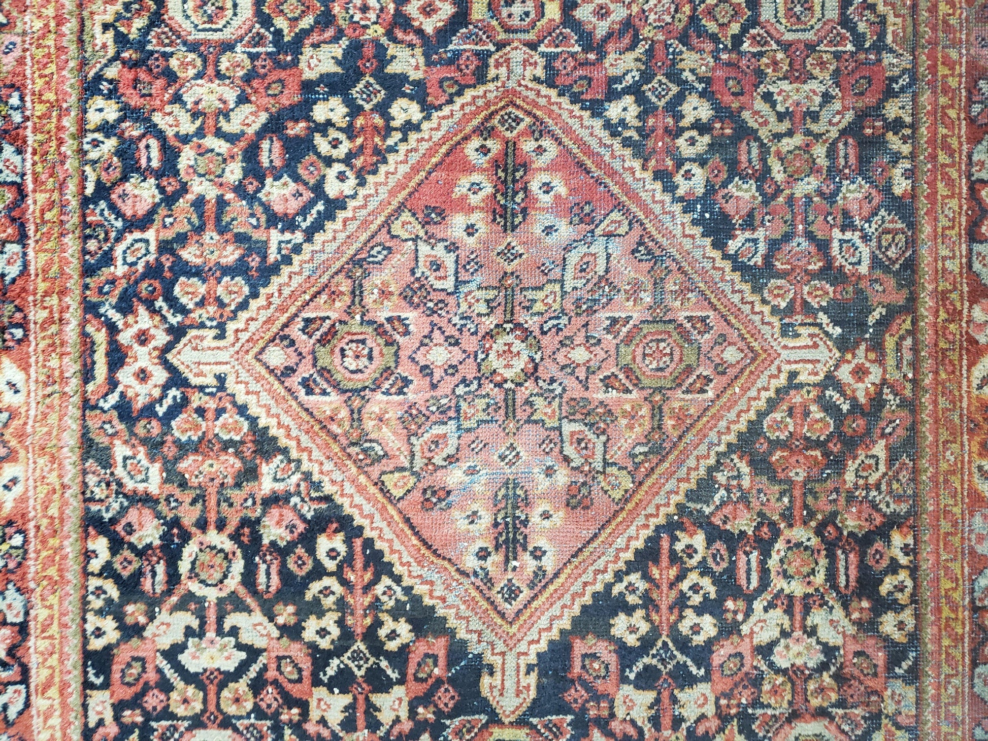 Antique Persian Mahal Area Rug 4.4 x 6.6, Wool Hand-Knotted Shabby Chic Oriental Rug, Red Black 1930s Foyer Room Carpet, Low Pile Boho Rug - Nuvé