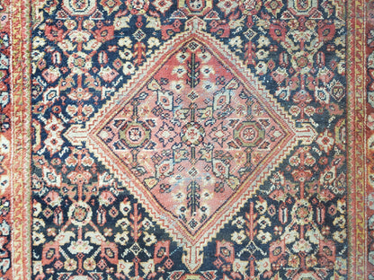 Antique Persian Mahal Area Rug 4.4 x 6.6, Wool Hand-Knotted Shabby Chic Oriental Rug, Red Black 1930s Foyer Room Carpet, Low Pile Boho Rug - Nuvé
