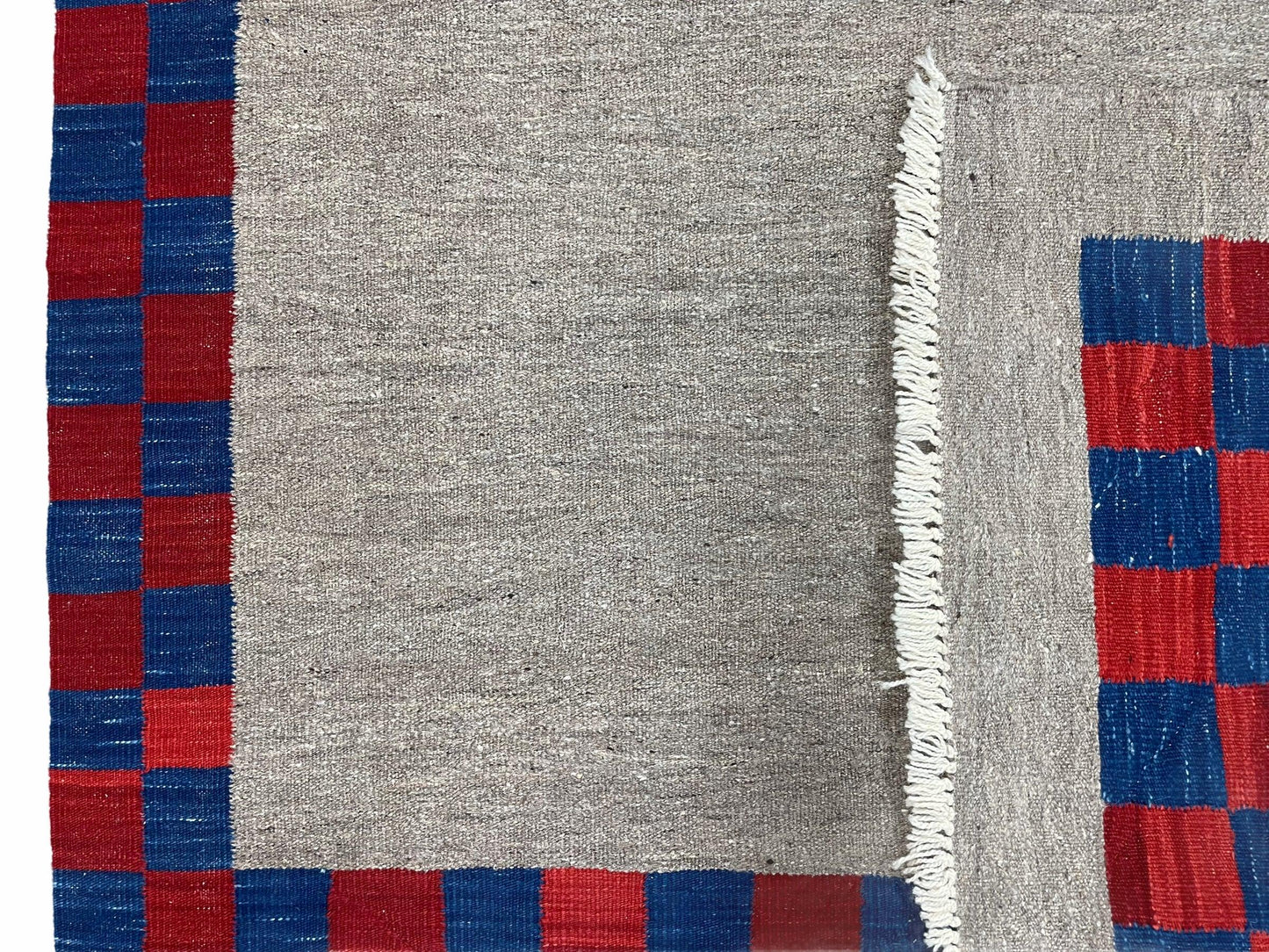 5' 7" x 7' 9" Geometric Kilim Carpet, Gray, Handmade, Hand-Knotted Area Rug, Blue & Red, Flatweave, Wool, New, Checkerboard Pattern - Nuvé