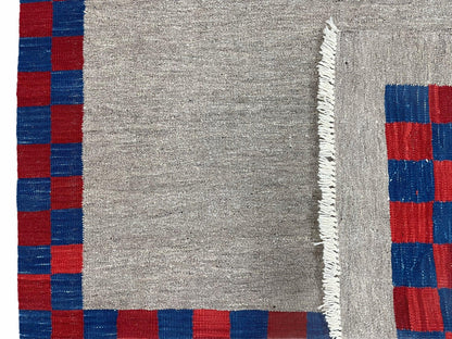 5' 7" x 7' 9" Geometric Kilim Carpet, Gray, Handmade, Hand-Knotted Area Rug, Blue & Red, Flatweave, Wool, New, Checkerboard Pattern - Nuvé