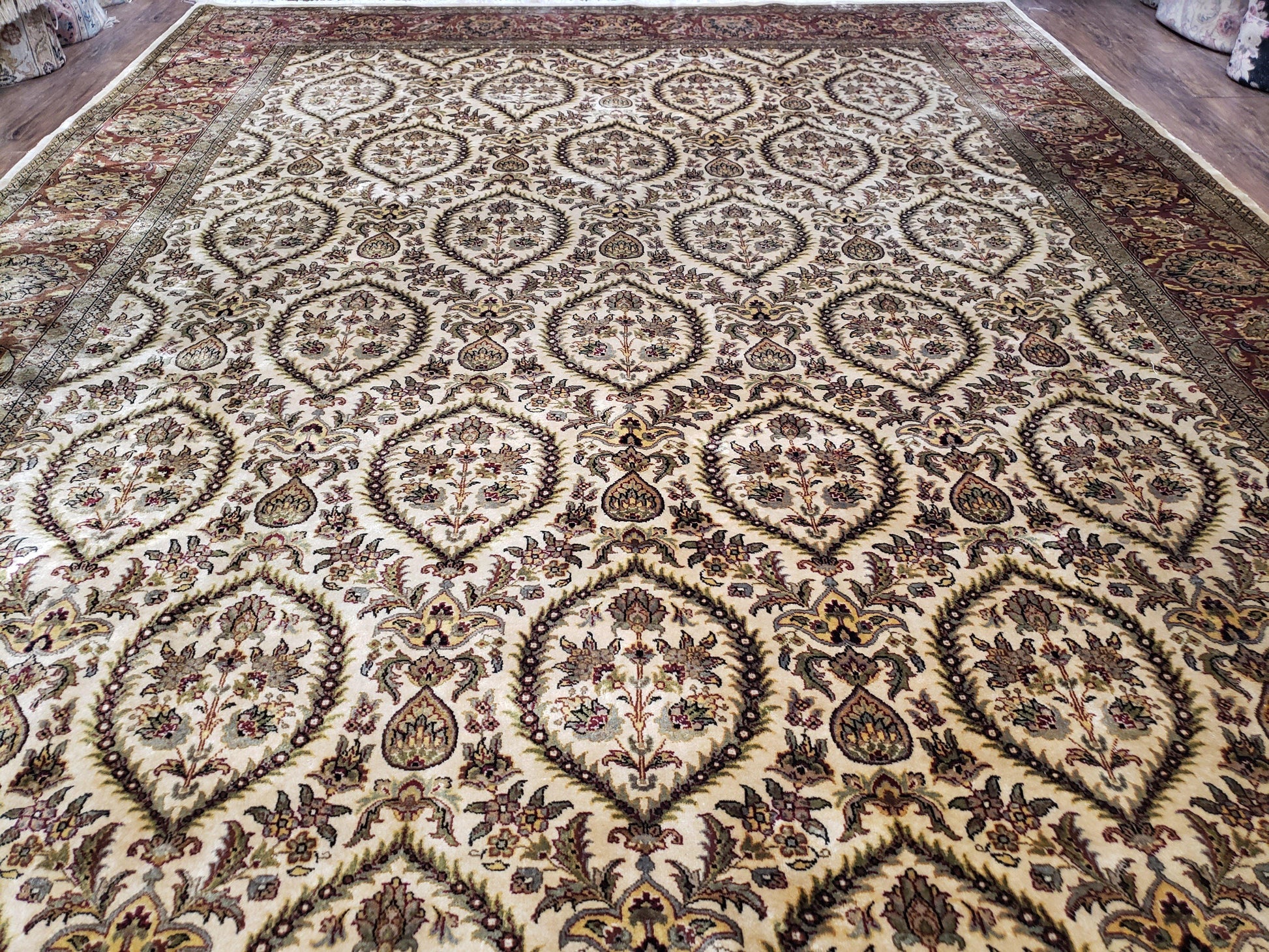 Vintage Indo Persian Area Rug 9x12, Wool Hand-Knotted Ivory & Dark Red Oriental Carpet, Fine Weave 9 x 12 Indian Rug, Dining Room Rug - Nuvé