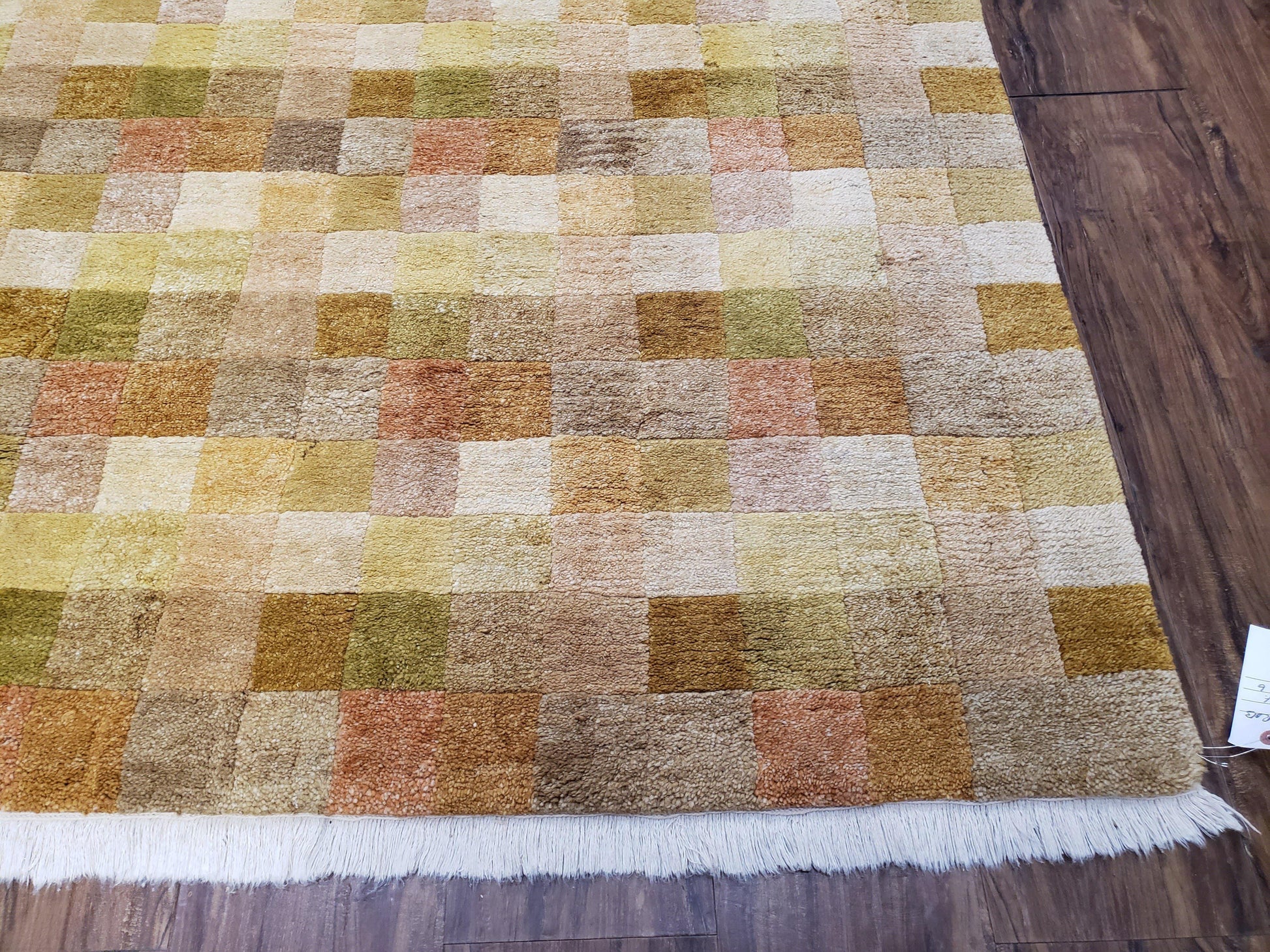 4x6 Tibetan Rug, Modern Abstract Handmade Area Rug, Checkerboard Pattern, Neutral Ivory Gold Tan Colors, Soft Pile, Mid Sized Rug, Nepali - Nuvé