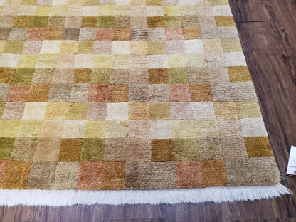 4x6 Tibetan Rug, Modern Abstract Handmade Area Rug, Checkerboard Pattern, Neutral Ivory Gold Tan Colors, Soft Pile, Mid Sized Rug, Nepali - Nuvé