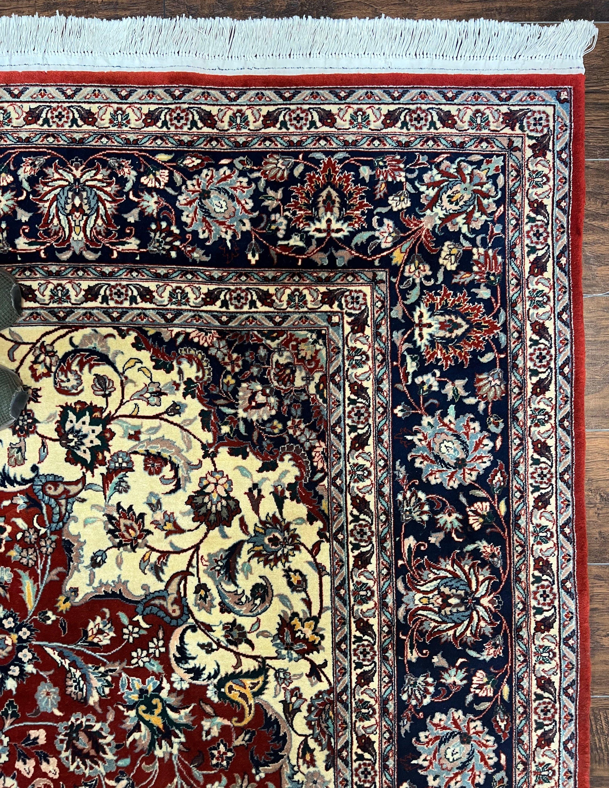 Fine Sino Persian Rug 7x10 ft, Floral Central Medallion Oriental Carpet, Red Navy Blue Cream, Hand Knotted Wool Traditional Vintage Rug - Nuvé