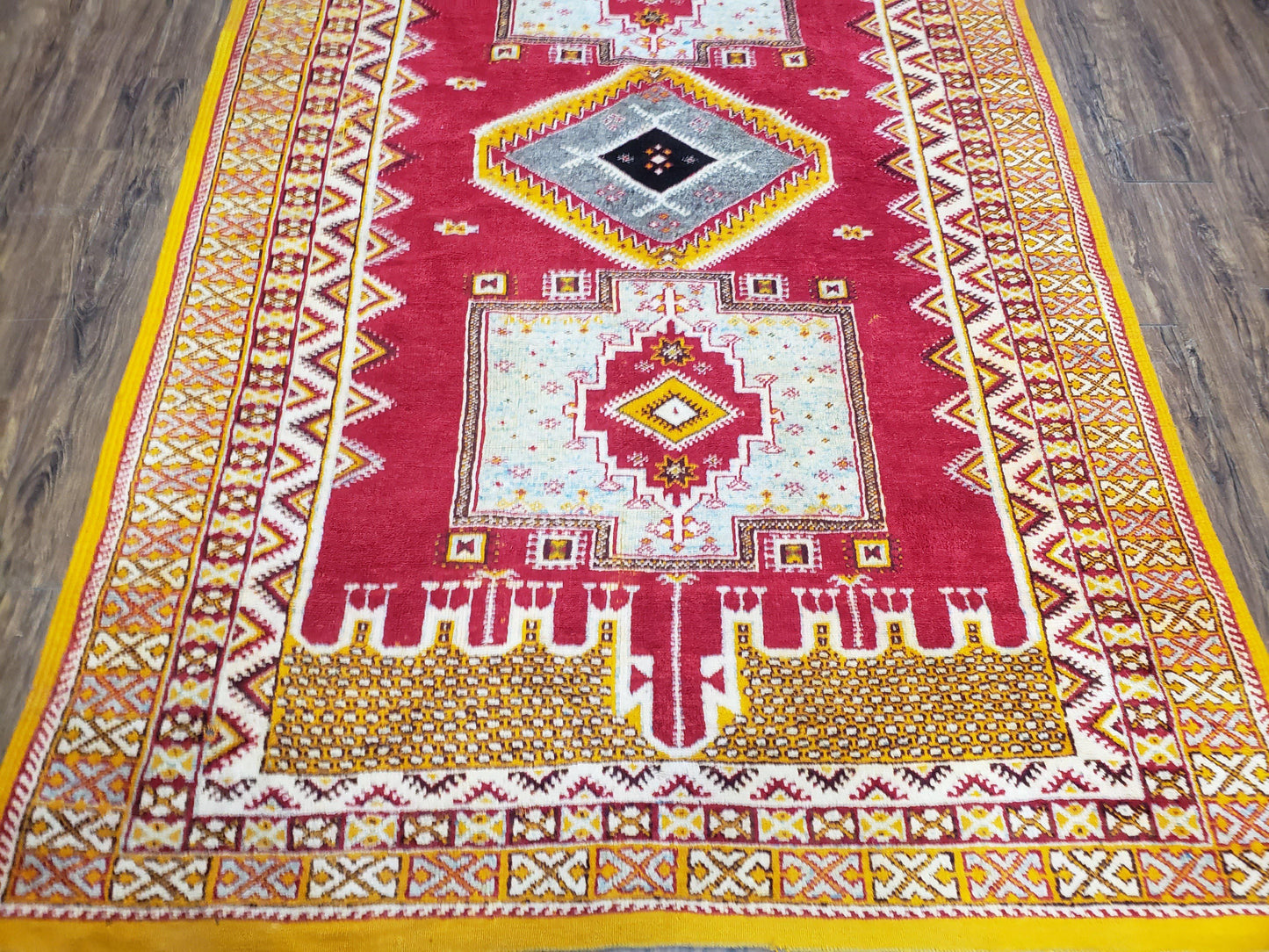 Vintage Moroccan Rug 6x10, Red and Yellow Moroccan Carpet, Handmade Bohemian Tribal Area Rug, Hand-Knotted 1970s Wool Rug, Medalions - Nuvé