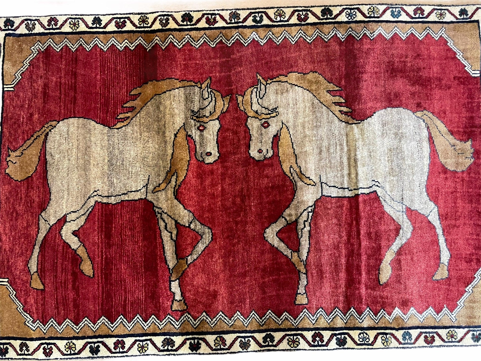 4 X 6 Handmade Hand-Knotted New Vintage Rug Wool Horses Red Organic Dyes Tribal - Nuvé