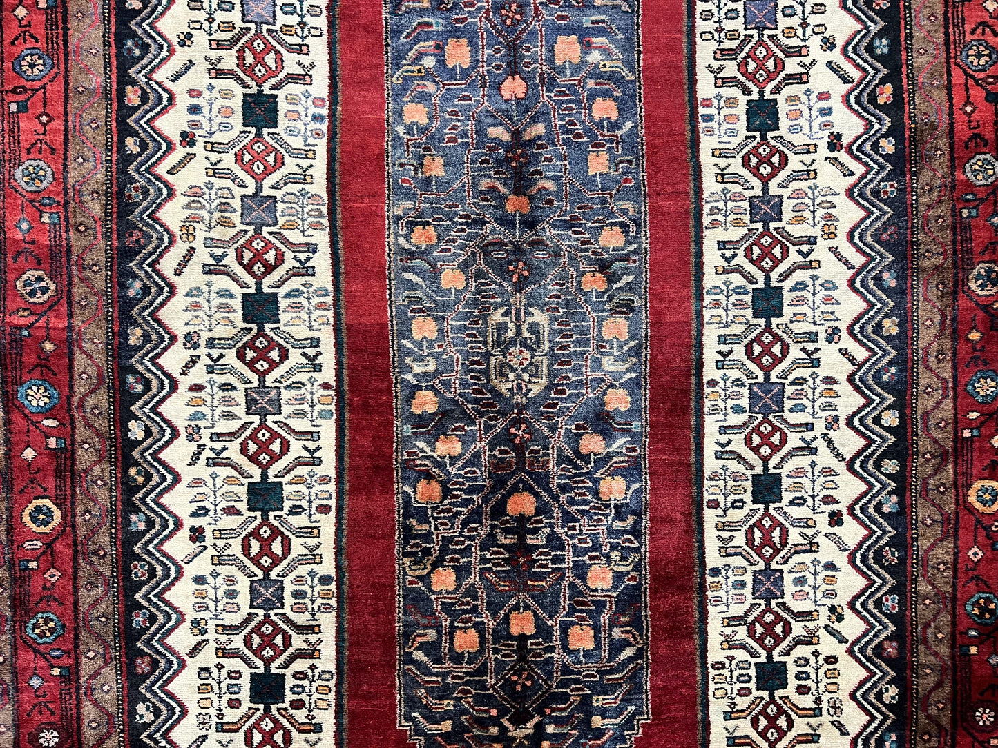 Persian Rug 5x12 ft, Red Cream Navy Blue, Pictorials, Hand Knotted Handmade Wide Runner Tribal Bidjar Semi Antique Wool Geometric Oriental Rug - Nuvé