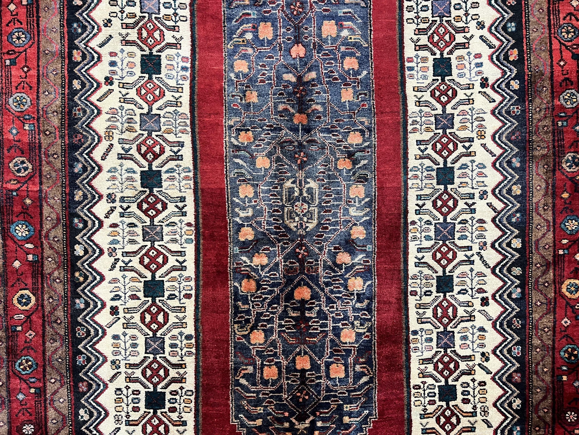 Persian Rug 5x12 ft, Red Cream Navy Blue, Pictorials, Hand Knotted Handmade Wide Runner Tribal Bidjar Semi Antique Wool Geometric Oriental Rug - Nuvé