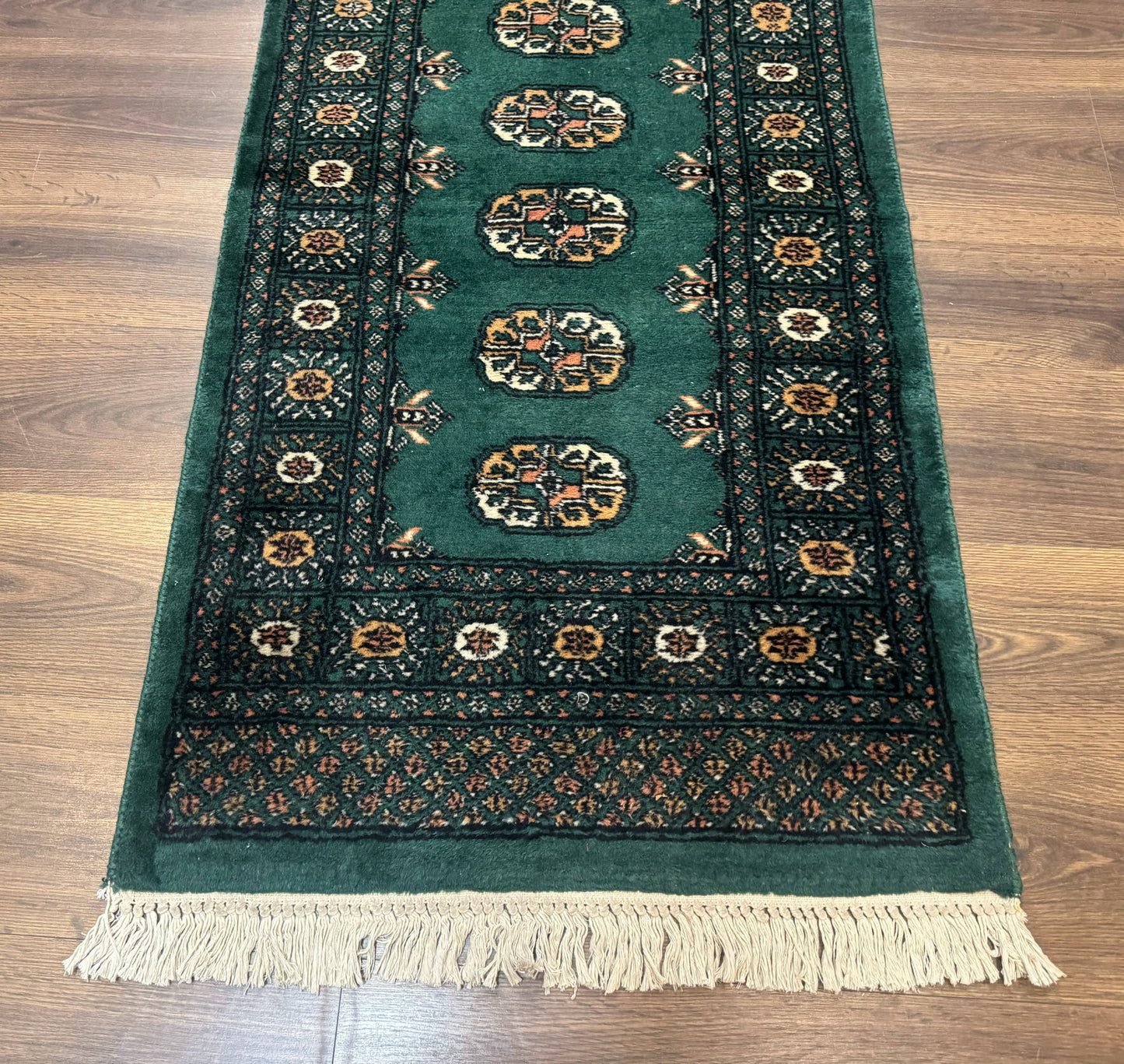 Pakistani Bokhara Runner Rug 2.5 x 11, Green Turkoman Wool Runner for Hallway - Nuvé