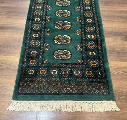 Pakistani Bokhara Runner Rug 2.5 x 11, Green Turkoman Wool Runner for Hallway - Nuvé