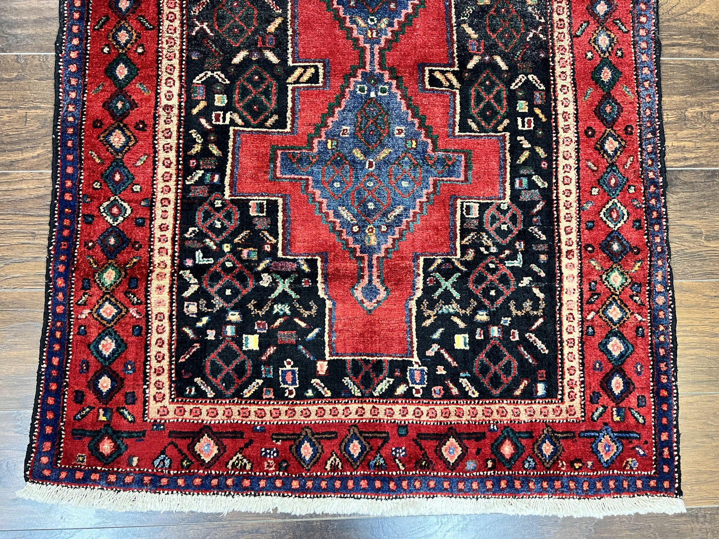 Persian Kurdish Senneh Runner Rug 3x9, Red Navy Blue, Medallions Wool Tribal Runner for Kitchen/Hallway 9ft Antique Handmade Oriental Runner - Nuvé
