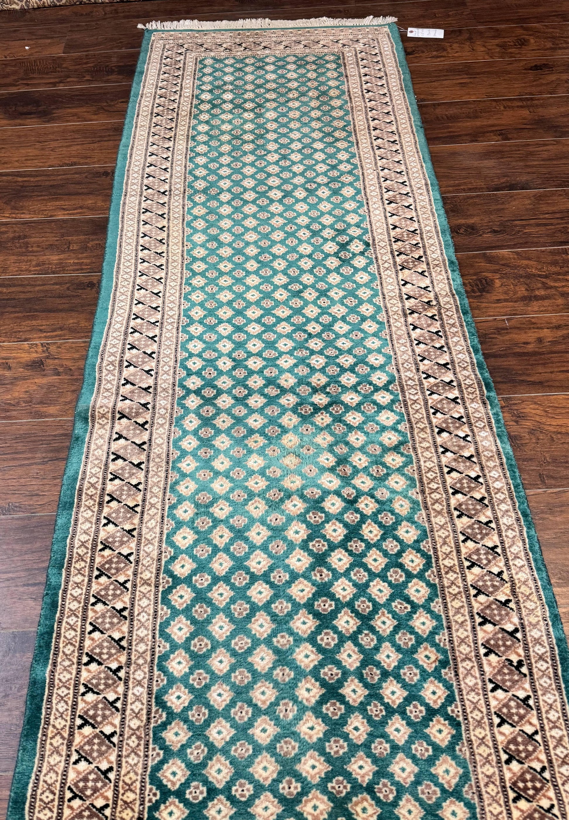 Long Pakistani Runner Rug 2.8 x 20, Hand Knotted Vintage Wool Hallway Rug, Turkoman Rug, Teal and Tan, Handmade Vintage Wool Runner - Nuvé