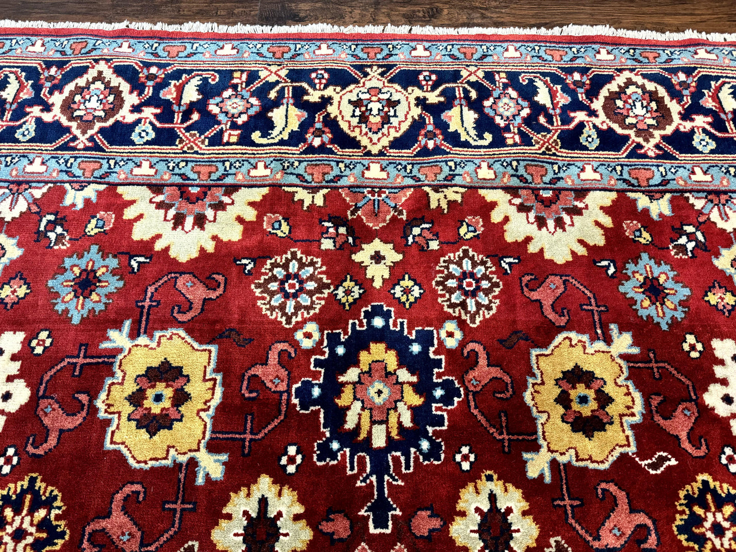 Indo Heriz Rug 8x10, Red and Navy Blue, Allover Pattern, Wool Handmade Carpet - Nuvé