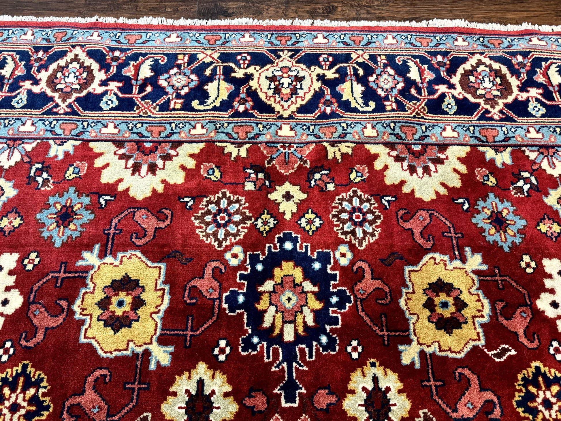 Indo Heriz Rug 8x10, Red and Navy Blue, Allover Pattern, Wool Handmade Carpet - Nuvé