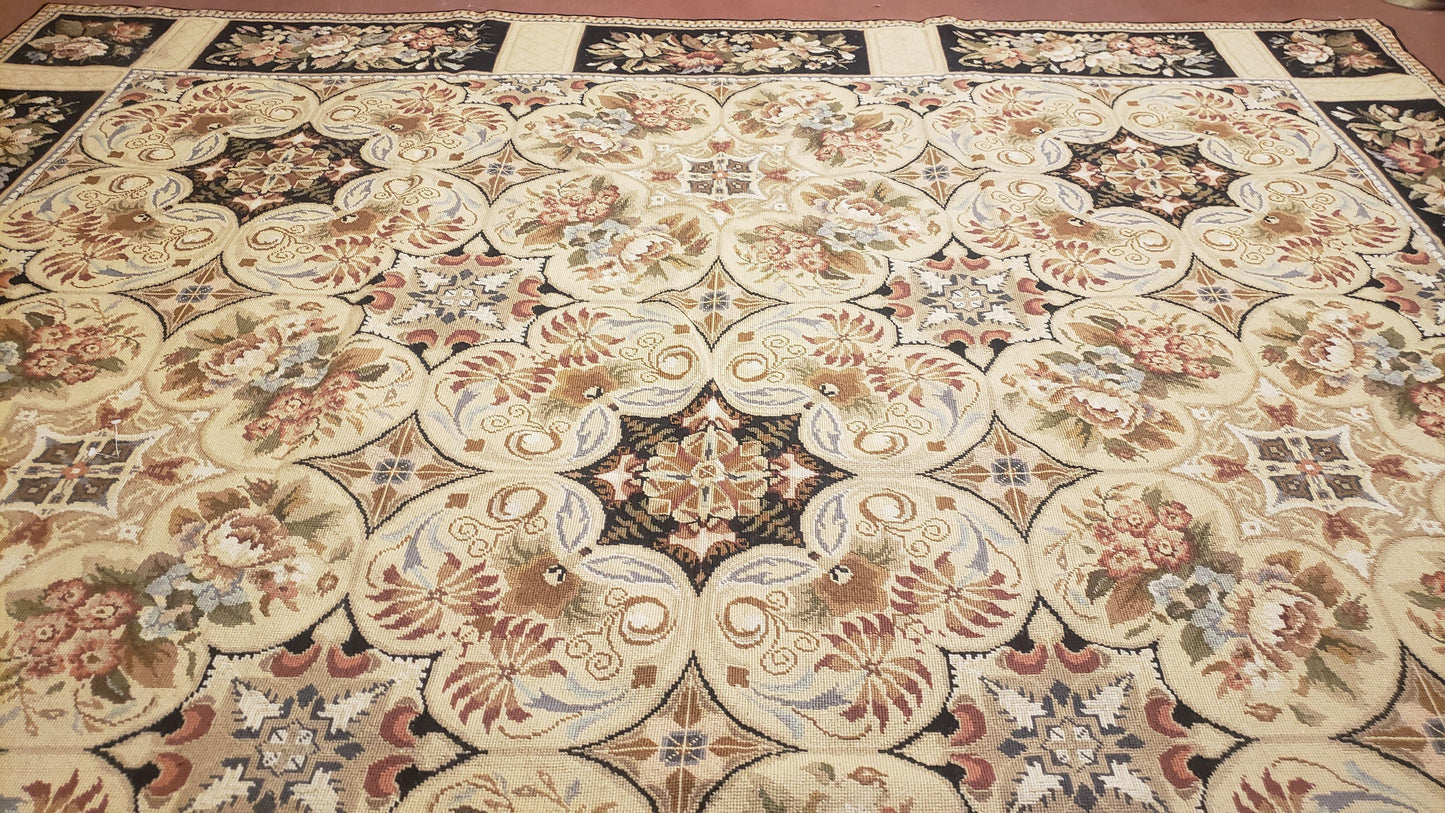 Needlepoint Rug 8x10ft Allover European Design Flowers 100% Wool Hand Knotted Aubusson Area Rug Brand New Flatweave Needle Point Carpet Chic - Nuvé