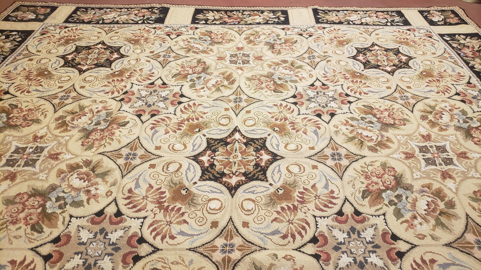 Needlepoint Rug 8x10ft Allover European Design Flowers 100% Wool Hand Knotted Aubusson Area Rug Brand New Flatweave Needle Point Carpet Chic - Nuvé