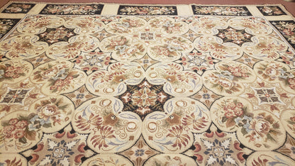 Needlepoint Rug 8x10ft Allover European Design Flowers 100% Wool Hand Knotted Aubusson Area Rug Brand New Flatweave Needle Point Carpet Chic - Nuvé