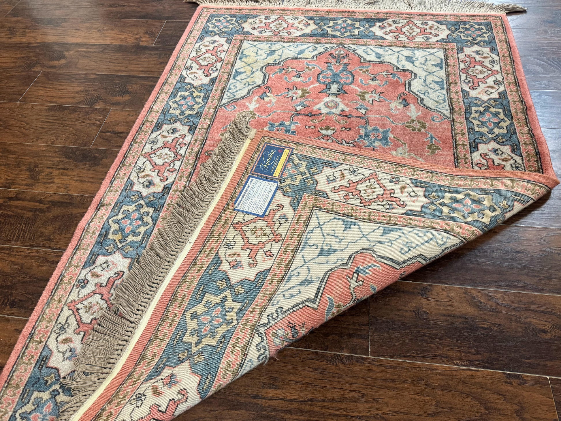 Karastan Rug 4x6 Bergama Design #737, Karastan Area Rug, Vintage Wool Karastan Carpet, Original Collection 700 Series, Salmon Red Light Blue - Nuvé