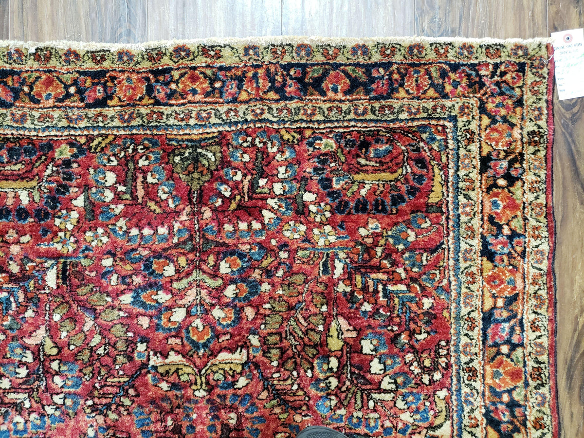Antique Persian Sarouk Rug, Red, Allover Floral Pattern, Hand-Knotted, Wool, 3'4" x 4'10"