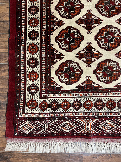 Persian Turkoman Rug 7x8, Almost Square Rare, Hand Knotted, Yamud, Bohemian Rug, Handmade Tribal Rug, Cream Red, Handmade Oriental Carpet
