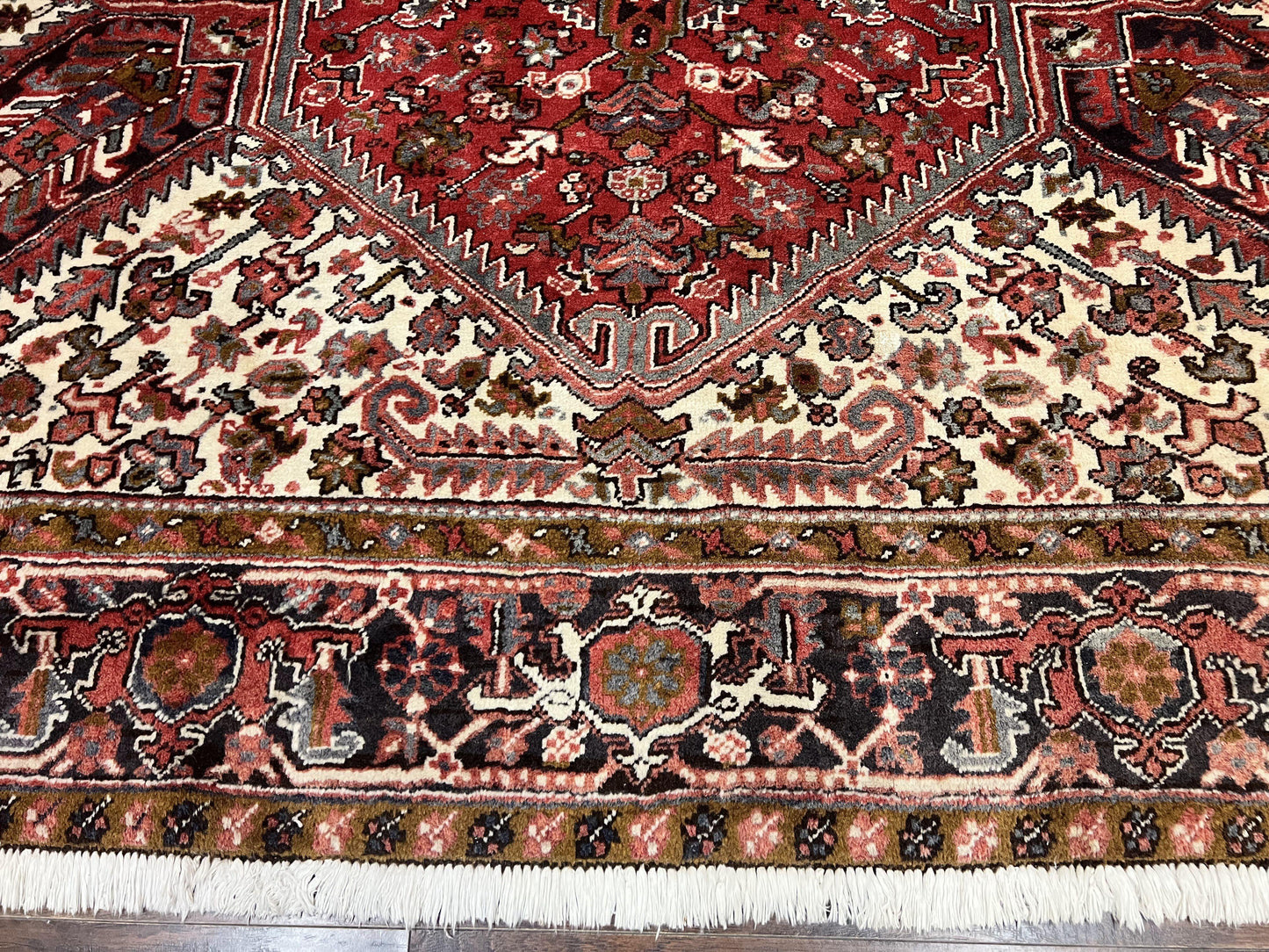 Large Persian Heriz Rug 10x13, Wool Hand Knotted Antique Carpet, Red and Ivory, Geometric Tribal Room Sized Rug, Decorative Oriental Rug - Nuvé