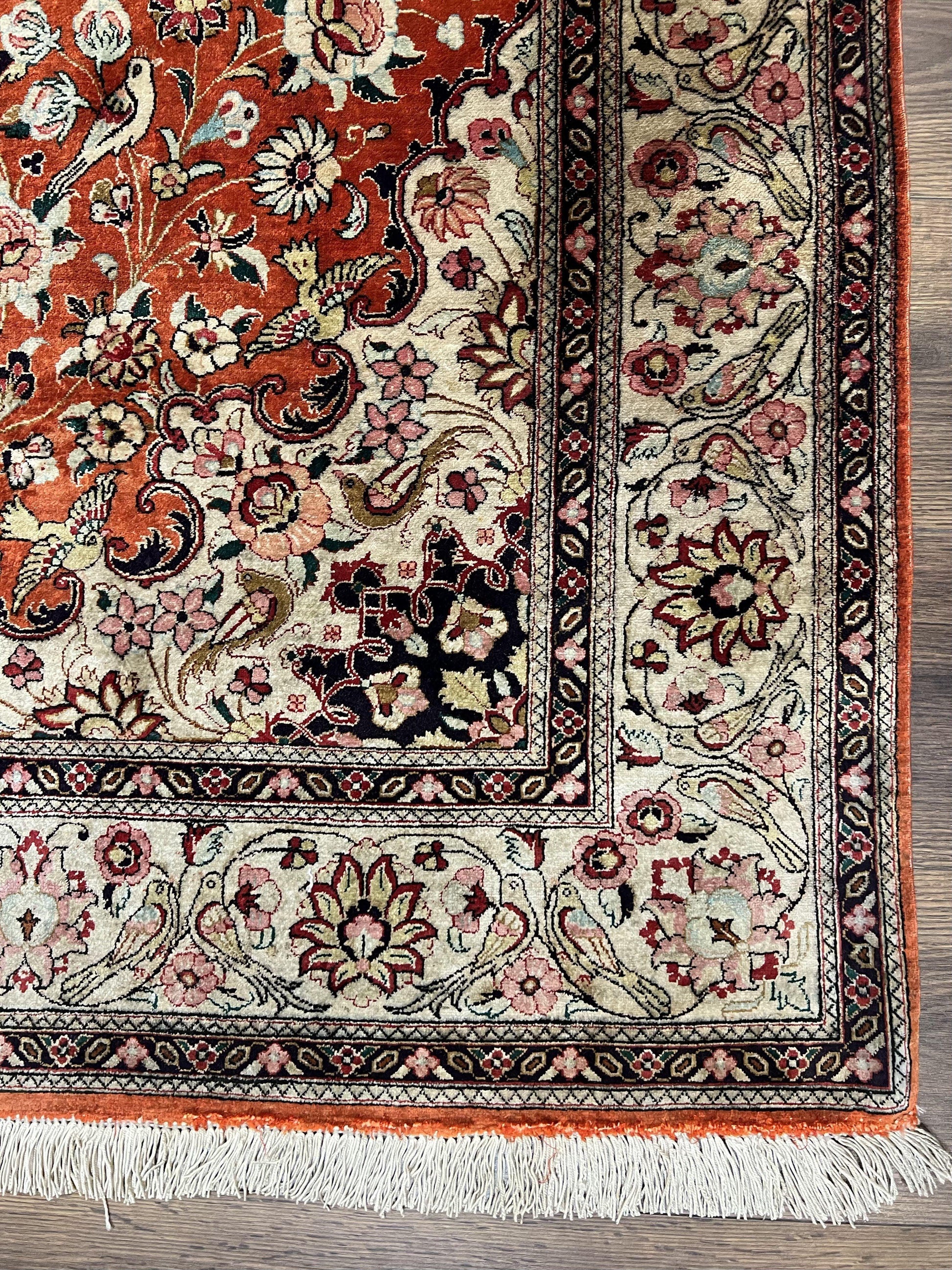 Persian Qum Silk Rug 5x7 - Floral Medallion, Birds, Orange-Red - Nuvé