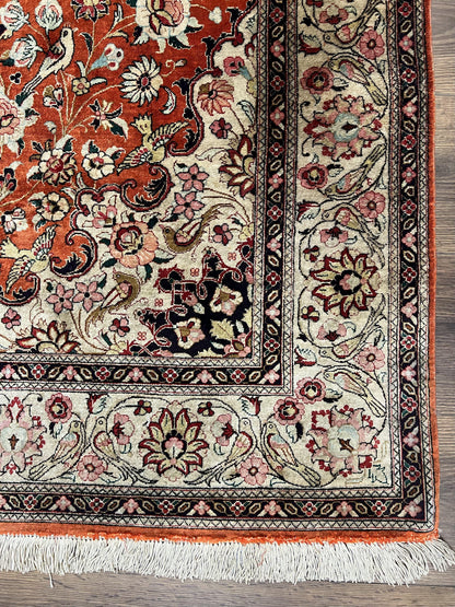 Persian Qum Silk Rug 5x7 - Floral Medallion, Birds, Orange-Red - Nuvé