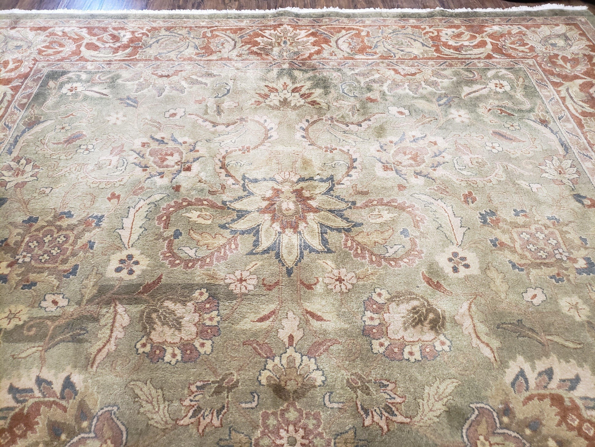 Vintage Indo Mahal Area Rug 9x12, Wool Hand-Knotted Laurel Green & Auburn Indian Carpet, 9 x 12 Floral Carpet, Living Room Rug - Nuvé
