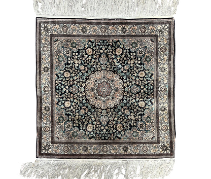 Sino Persian Silk Rug 2x2 ft, Very Fine High KPSI Small Silk Oriental Carpet, Hand-Knotted, Medallion, Vintage Silk Rug, Black Ivory/Cream