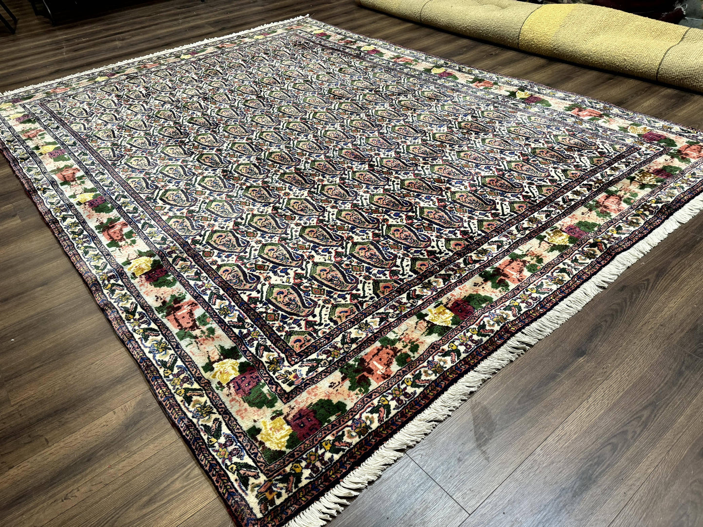 Persian Rug 8x11, Boteh Design, Repeated Paisleys, Persian Kurdish Rug, Bird Pictorials, Rare Antique Persian Kurdish Sannadaji Carpet - Nuvé