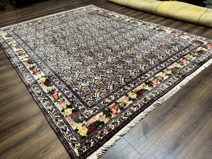 Persian Rug 8x11, Boteh Design, Repeated Paisleys, Persian Kurdish Rug, Bird Pictorials, Rare Antique Persian Kurdish Sannadaji Carpet - Nuvé