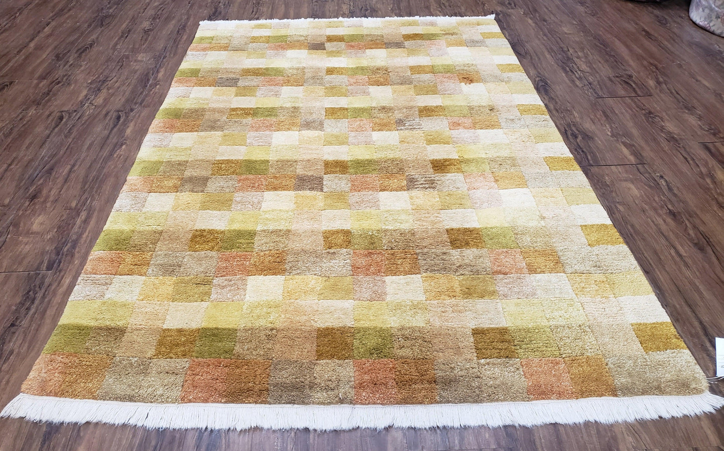 4x6 Tibetan Rug, Modern Abstract Handmade Area Rug, Checkerboard Pattern, Neutral Ivory Gold Tan Colors, Soft Pile, Mid Sized Rug, Nepali - Nuvé