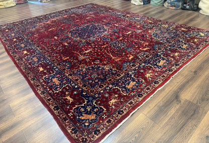 Antique Indo Persian Kerman Rug 9x12 Red Manchester Wool Animal Pictorials, Fine 290 KPSI - Nuvé