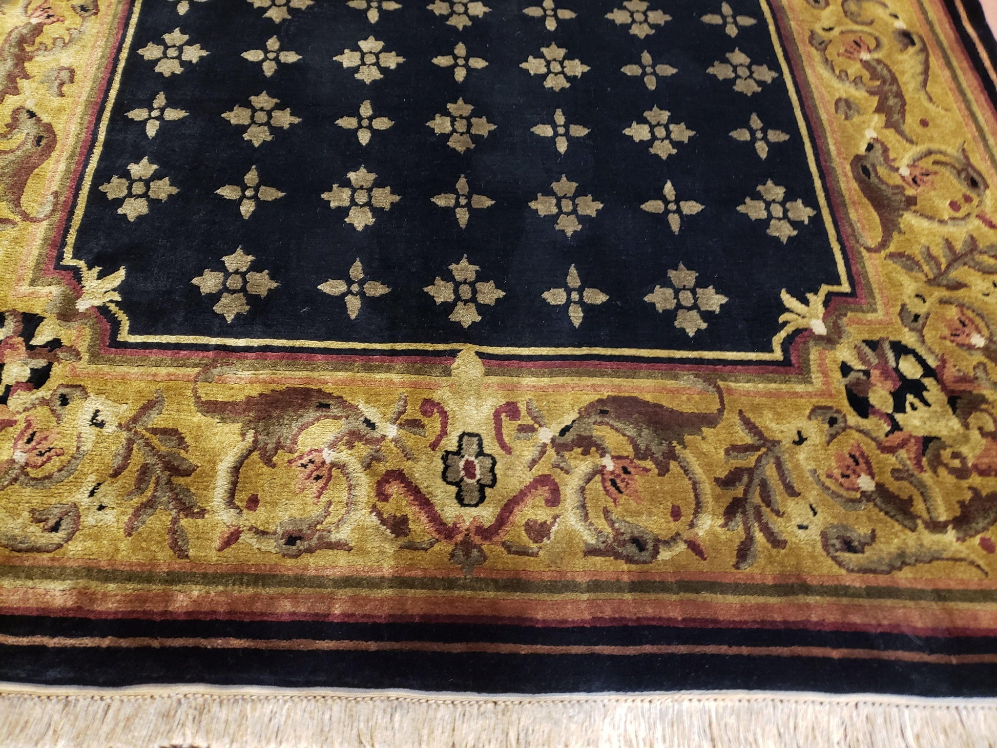6x9 Aubusson Design Nepali Tibetan Rug Black & Tan Hand-Knotted Wool Carpet Soft Plush Pile New Rug Nice - Nuvé