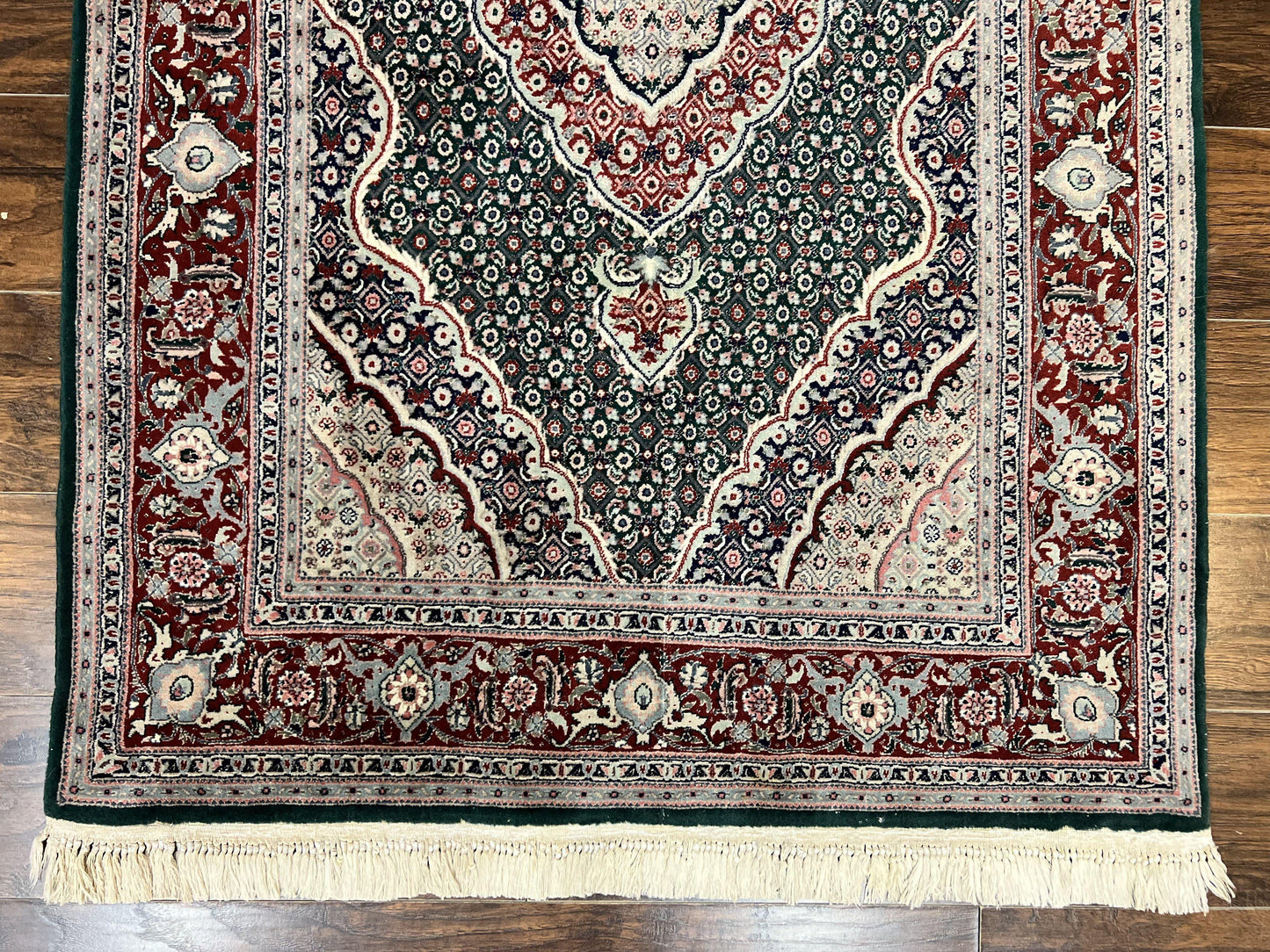 Sino Persian Rug 4x6, Wool with Silk Highlights, Fine Hand Knotted Carpet, Green & Maroon Red, Herati Medallion, Vintage Rug - Nuvé