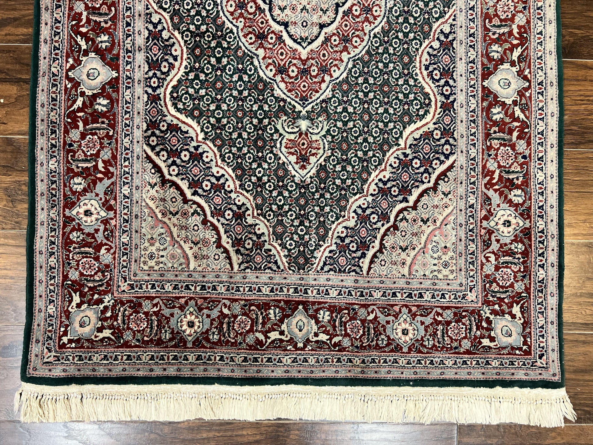 Sino Persian Rug 4x6, Wool with Silk Highlights, Fine Hand Knotted Carpet, Green & Maroon Red, Herati Medallion, Vintage Rug - Nuvé
